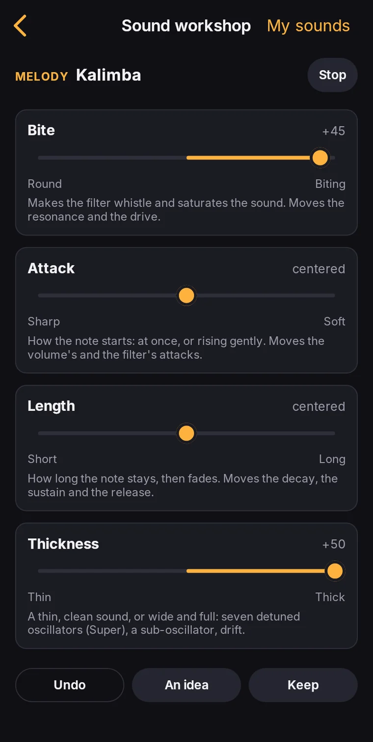 Adjust: the knobs Bite, Attack, Length and Thickness of the square lead