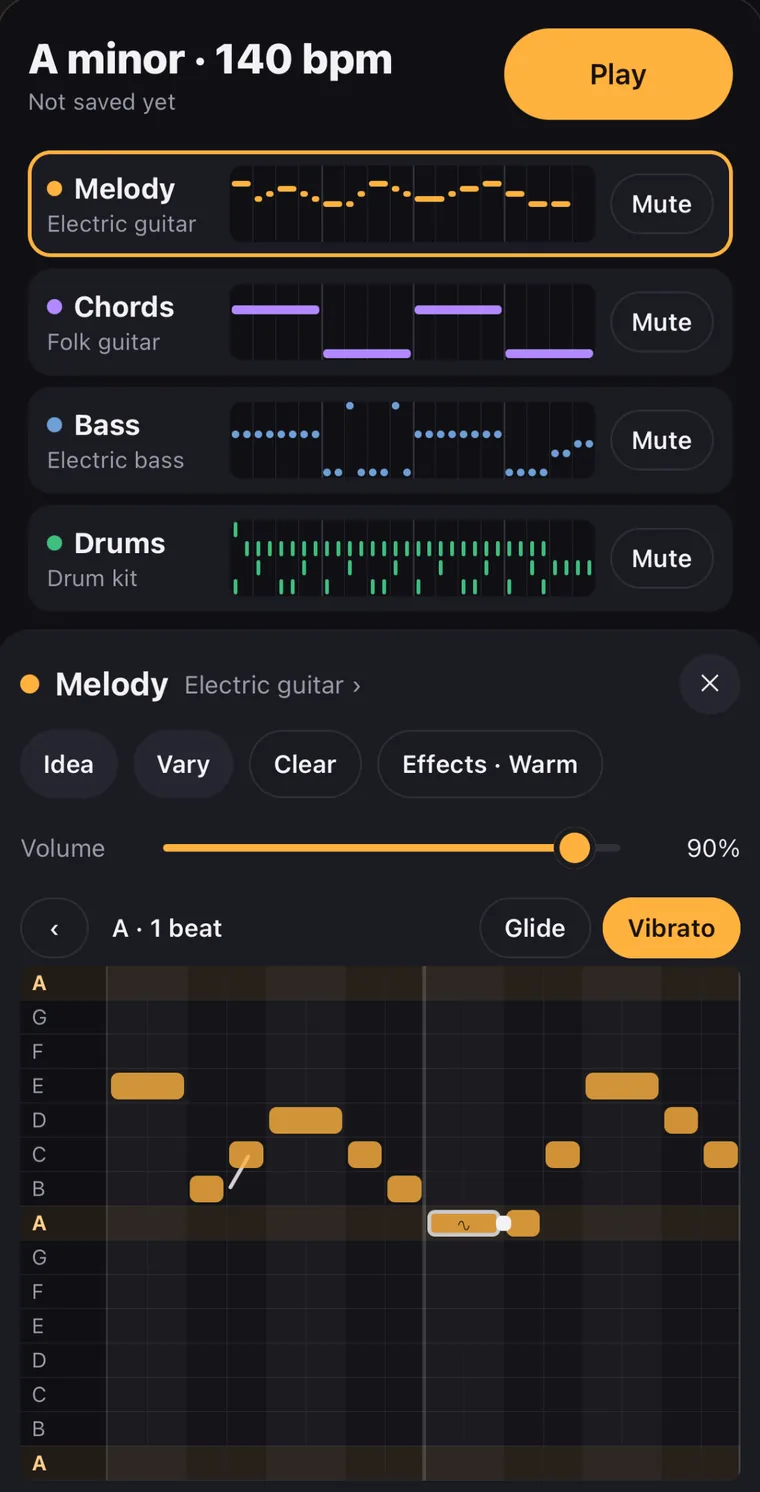 The melody’s grid, its notes on the rows of the scale, Glide and Vibrato above it