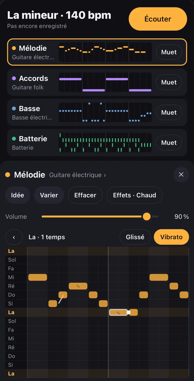 La grille de la mélodie, ses notes sur les lignes de la gamme, Glissé et Vibrato au-dessus