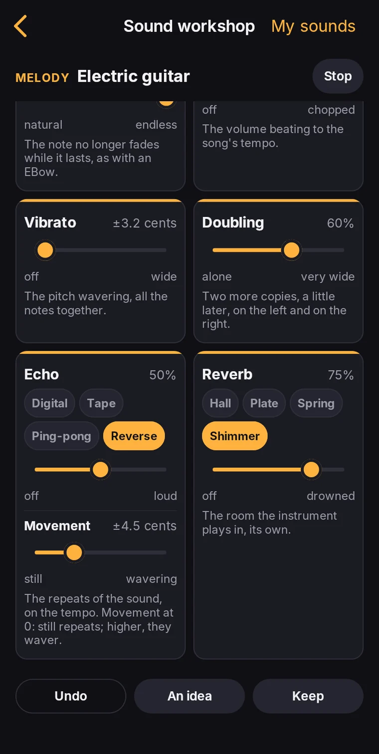 The electric guitar’s pedals: Vibrato, Doubling, Echo set to Reverse, Reverb set to Shimmer