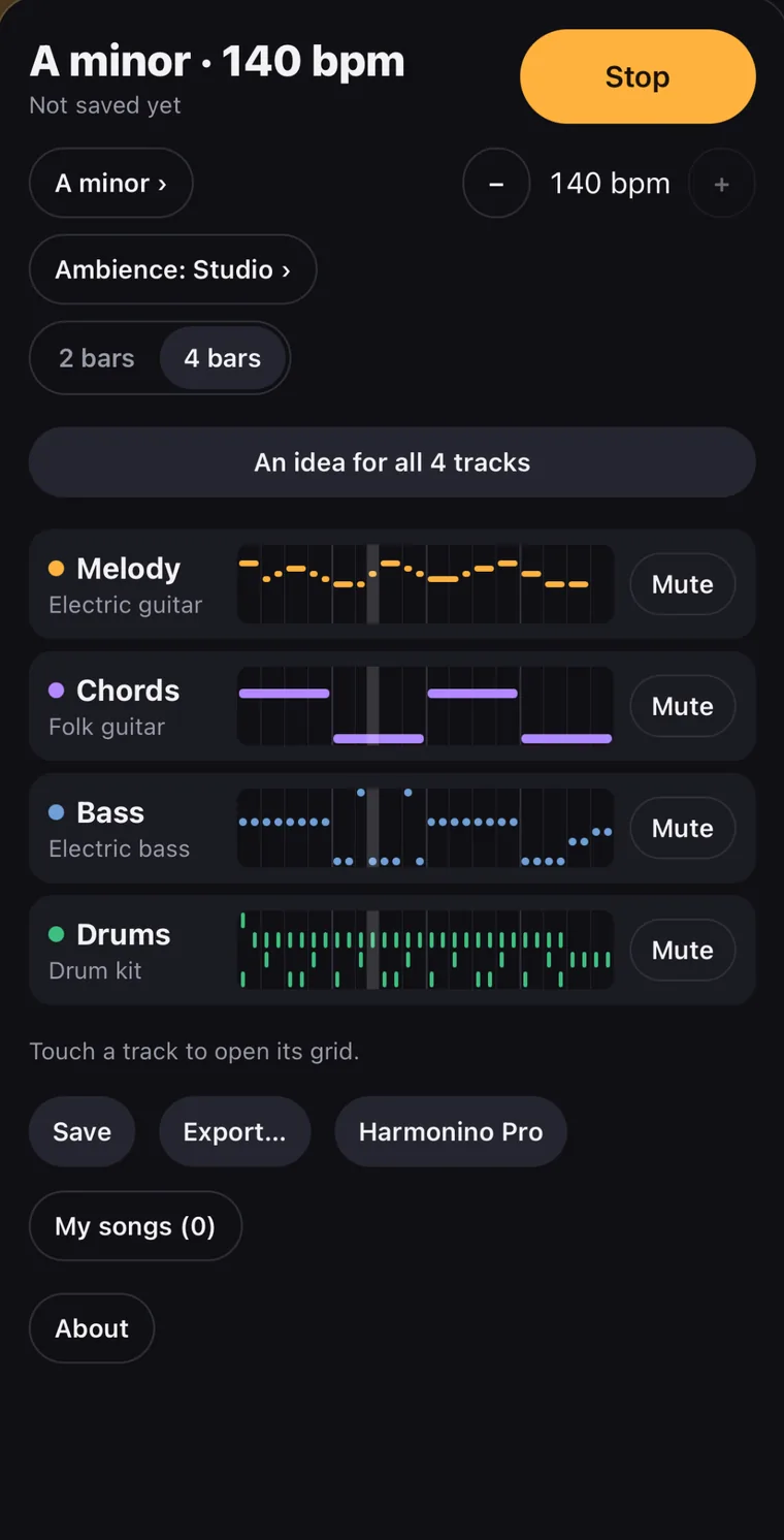 The studio: the melody, the chords, the bass and the drums of a loop in A minor, and the button “An idea for all 4 tracks”