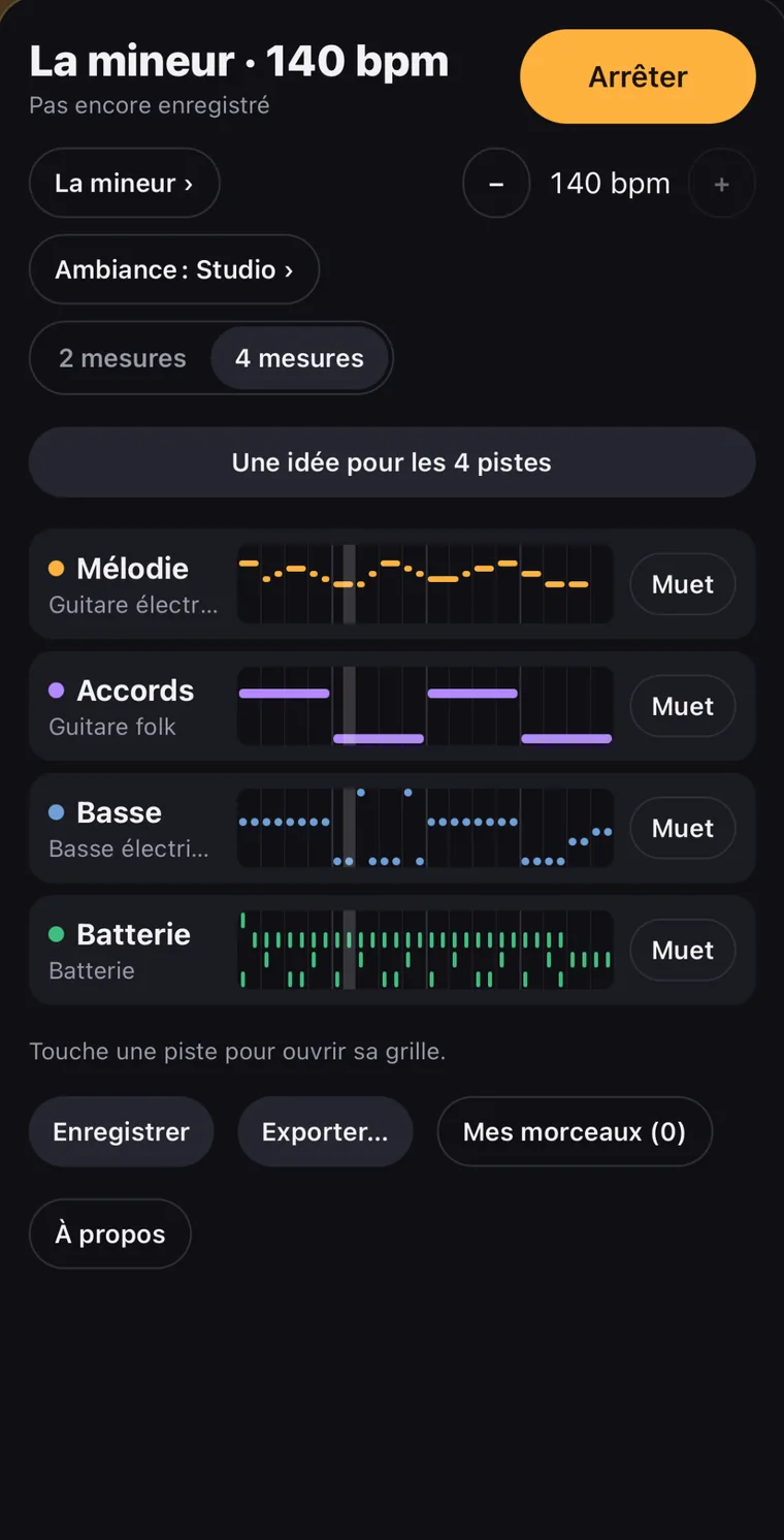 Le studio : la mélodie, les accords, la basse et la batterie d’une boucle en la mineur, et le bouton « Une idée pour les 4 pistes »